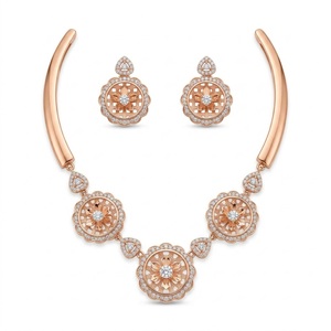 925 Silver Italian Rose Gold Floral Necklace Set with Matching <b>Earrings</b> <b>Crystal</b> <b>Studded</b> Designer Jewelry Women - Product Image 3