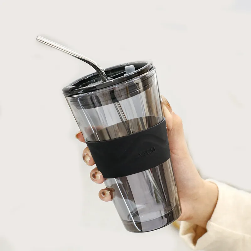 Tazas de café de cristal con pajita y tapa, vaso de sublimación de 15oz, con tapa de plástico, para agua fría, café y leche