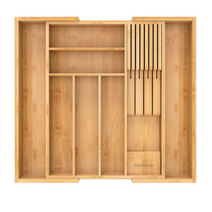 Bamboo Cutlery <b>Box</b> With Knife Holder Expandable <b>Storage</b> Drawer Organizer For <b>Kitchen</b> Cabinet - Product Image 1