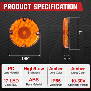 2 feux arrière ronds ambre à 17 LED de 7 pouces avec montage en surface à 4 trous pour camping-cars, camions, remorques, bus, fourgonnettes, étanches IP65 - Product Image 3