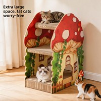 Direct usine, Lit pour chat multi-niveaux en forme de champignon, design cartoon, semi-fermé, avec structure d'escalade et griffoir, mobilier pour animaux en carton