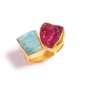 New Trendy Hollow Out 2021 Wholesale Custom Women's Gold Plated Silver Ring For Women Ruby Amazonite