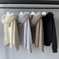 Nouveauté : Combinaisons en laine tricotée pour femmes avec col en fourrure de renard véritable, ensemble sweat-shirt à capuche deux pièces