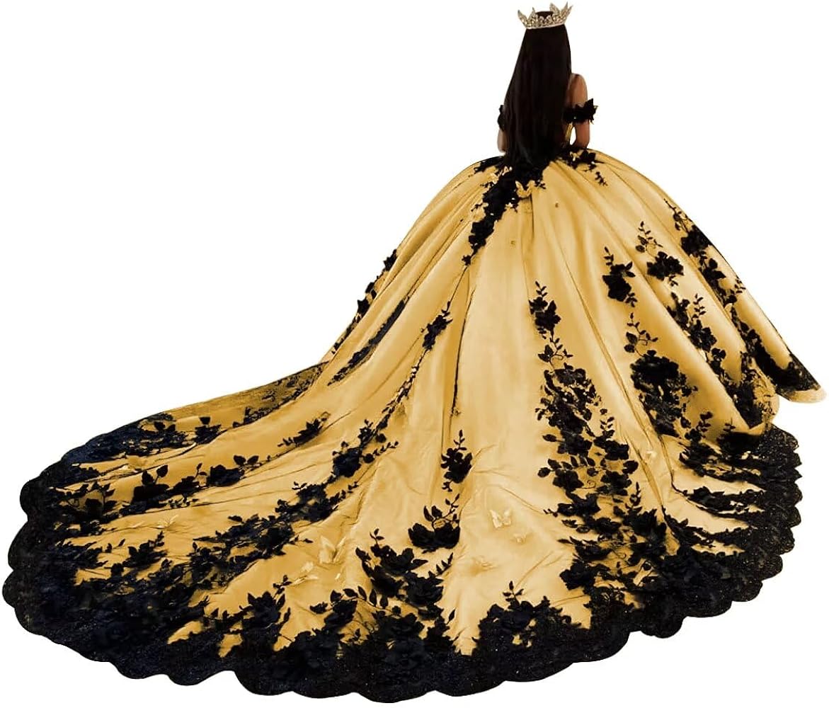 Champagne Black Off The Shoulder Quinceanera Dress - Oem