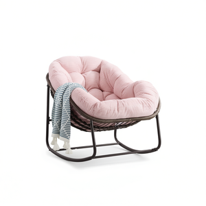 Fauteuil à bascule en rotin rose d'extérieur avec coussin rembourré pour véranda, jardin, patio, salon, design moderne - Product Image 1