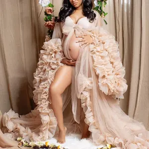 Intiflower 출산 가운 레이스 맥시 드레스 여성 의류 푹신한 사진 사진 사진 임신 드레스 사진 촬영