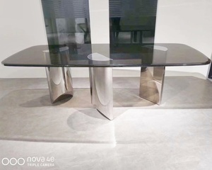 JS D31B <span class=keywords><strong>Table</strong></span> à manger rectangulaire <span class=keywords><strong>en</strong></span> verre moderne haut <span class=keywords><strong>de</strong></span> gamme miroir pieds <span class=keywords><strong>en</strong></span> acier inoxydable <span class=keywords><strong>Table</strong></span> alimentaire suspendue ronde pour villa appartement - Product Image 1