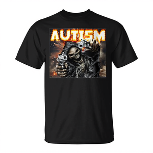 Camiseta con diseño de esqueleto y armas para concienciación sobre el autismo, unisex, cuello redondo, manga corta, digital - Product Image 2