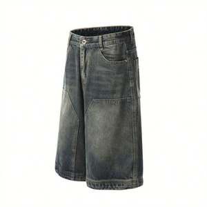 กางเกงยีนส์ขาสั้นเอวสูงสำหรับผู้ชาย ผ้าเดนิมฟอกสี แต่งตะเข็บผ้าถักสีสดใส สไตล์วินเทจสำหรับฤดูร้อน ทรงหลวมขาตรงทรงกว้าง - Product Image 5