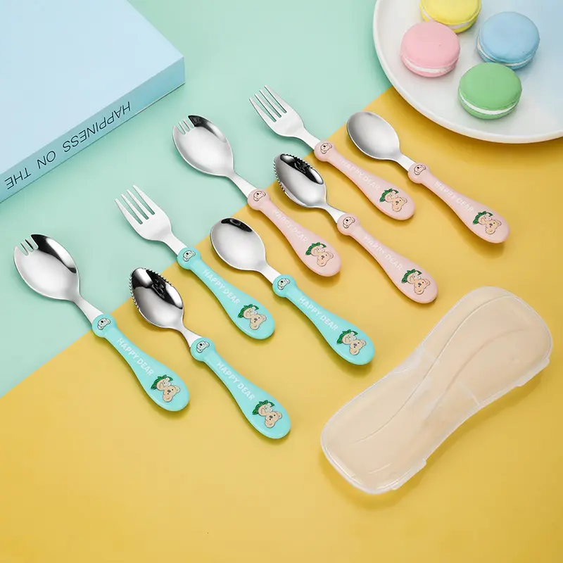 Cartoon Plastic Handle Cutlery Stainless Steel Toddler Baby Training Self Feeding Set Customised Fork and Spoon