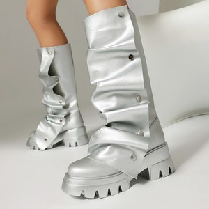 Women Platform Fold Over Boots Chunky Heel Round Toe Western <b>Pull</b> on Fashion Mid-Calf <b>Light</b> Height Increasing Solid - Product Image 6