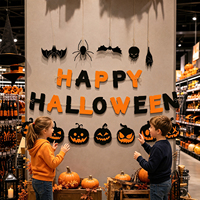 LH19020 Bannière Latte Art Halloween Citrouille et Chauve-souris Joyeuses, Décoration d'Halloween pour la Maison et Guirlande Festive