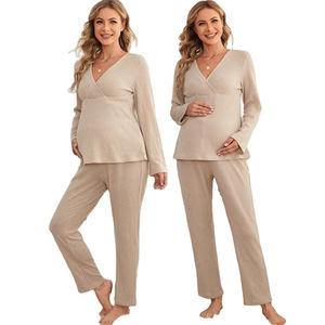 Tricot côtelé grande taille vêtements de nuit pour femmes pyjamas de maternité surplis cou haut et taille réglable pantalon vêtements enceintes - Product Image 1