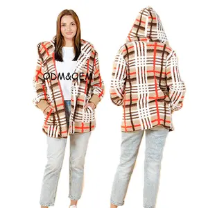 WINGTU Custom Private Label Thick Western Jacket Hooded Sherpa Fleece Shackets Coat For Women