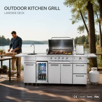 Station de barbecue extérieure en gros avec 5 brûleurs, évier en acier inoxydable, réfrigérateur et logo personnalisé OEM