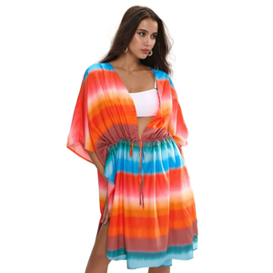 HDJ Tie Dye Chiffon Kimono Cover Up Drawstring Waist Knee Length ชุดว่ายน้ำผู้หญิงชุดชายหาดขนาดบวก M/L L/XL - Product Image 1