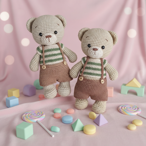 Oso de Peluche Beige Hecho a Mano, Lindo <span class=keywords><strong>Amigurumi</strong></span> con Capucha y Overol <span class=keywords><strong>Verde</strong></span> a Rayas, Muñeco de Peluche Tejido a Mano, PP - Product Image 5