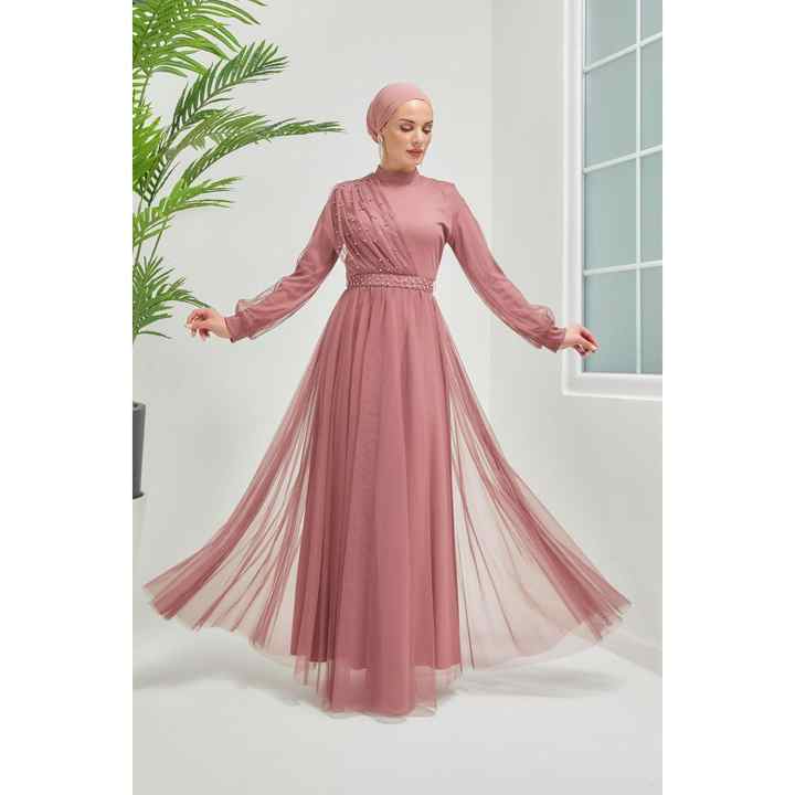 Pearl Visual Detailed Hijab Evening Dress 7776