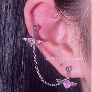 Boucles d'oreilles clous en titane avec zircon rose, motif cœur et aile, chaîne, bijoux de piercing en acier inoxydable, pour soirée et mode - Product Image 2