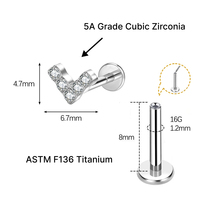 JiaXin ASTM-F136 G23 Titanio Push Pin Sin Rosca para Labret, Medusa, Forward Helix, Lobe, Flor, Circonita Cúbica, Joyería Corporal 16G
