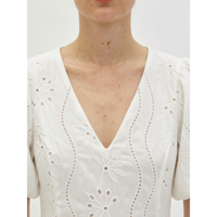 Gaun Midi Bordir Lengan Puff V-Neck Katun Putih Bermotif Bunga untuk Wanita, Kasual Musim Semi