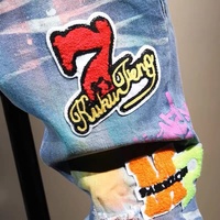 Jeans skinny droits vintage pour hommes, peints sur mesure avec des éclaboussures, effet usé et déchiré, brodés et avec des patchs