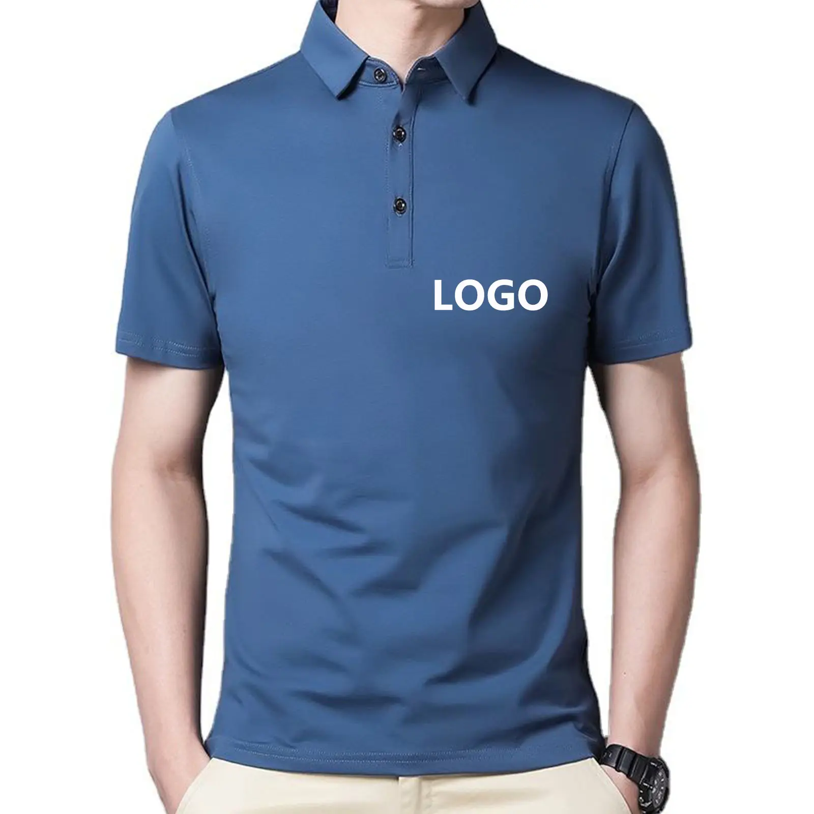 Polo personalizado con cuello en V para hombre, venta al por mayor, Polo de manga corta con logo de algodón orgánico de peso pesado, Polo de manga corta