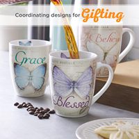Mug à café avec couvercle, motif floral et papillon violet, thème inspirant pour femmes, idéal pour mariage et Noël, compatible lave-vaisselle, Christian Art Gifts