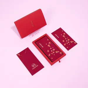 Özelleştirilmiş özel logo Angpao kırmızı paket şanslı para ahşap ücretsiz kağıt kartı kırmızı cepler