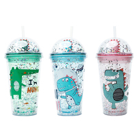 2021 Best Seller Del Fumetto Trasparente Carino Doppio-strato di Plastica Dinosauro Bambola Stella Paillettes Bere Tazza di Ghiaccio di Acqua di Tazza di Plastica