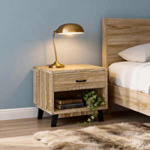 Mesita <span class=keywords><strong>de</strong></span> Noche Moderna <span class=keywords><strong>de</strong></span> Madera <span class=keywords><strong>de</strong></span> 2 Niveles para Espacios Pequeños, 1 Cajón + Diseño <span class=keywords><strong>de</strong></span> Panel <span class=keywords><strong>de</strong></span> Estante Abierto con Patas y Asa <span class=keywords><strong>de</strong></span> Plástico - Product Image 6