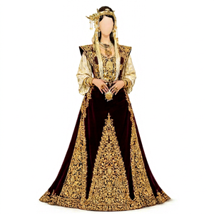 Robe caftan Fergani traditionnelle de mariage, élégante, en crêpe banane brodé or, longueur ras du sol, bordeaux foncé, anti-humidité et protection solaire - Product Image 1