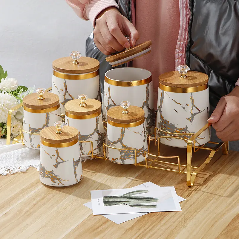Ensemble de récipients à condiments pour assaisonnement en marbre doré de luxe Pot de rangement en céramique de cuisine avec couvercle en bambou diamanté