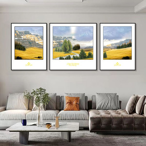 Arte Mural Moderno de Praderas y Montañas con Marco, Paisaje Grande con Textura 3D, Cuadros Trípticos Colgantes de Cuero Vegano - Product Image 1