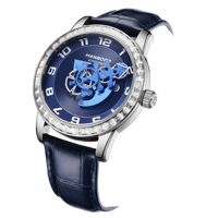 Montre automatique de luxe pour hommes, avec lunette en diamant, squelette en cristal bleu, mécanique, en acier inoxydable, pointeur lumineux, résistant à l'eau 5 bars
