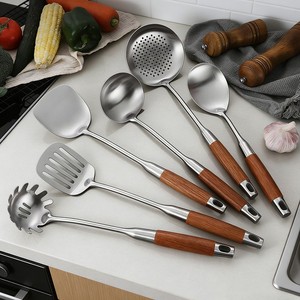 Stainless Steel Kitchen Utensil Set 5 Pieces Heavy Duty Wooden Handle Spatula Ladle Slotted Spoon Cooking Tools - Product Image 4