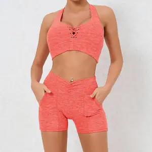 Toptan moda Backless kayış tasarım sutyen ve v-bel kısa spor salonu Yoga setleri kadınlar için spor