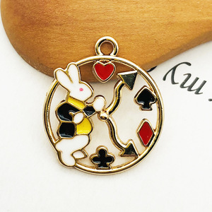 Handmade DIY <strong>Alice</strong> <strong>Wonderland</strong> <strong>Charms</strong> Poker Playing Card Clock Bunny Rabbit Pendants Round Enamel Earrings Accessories - Product Image 3