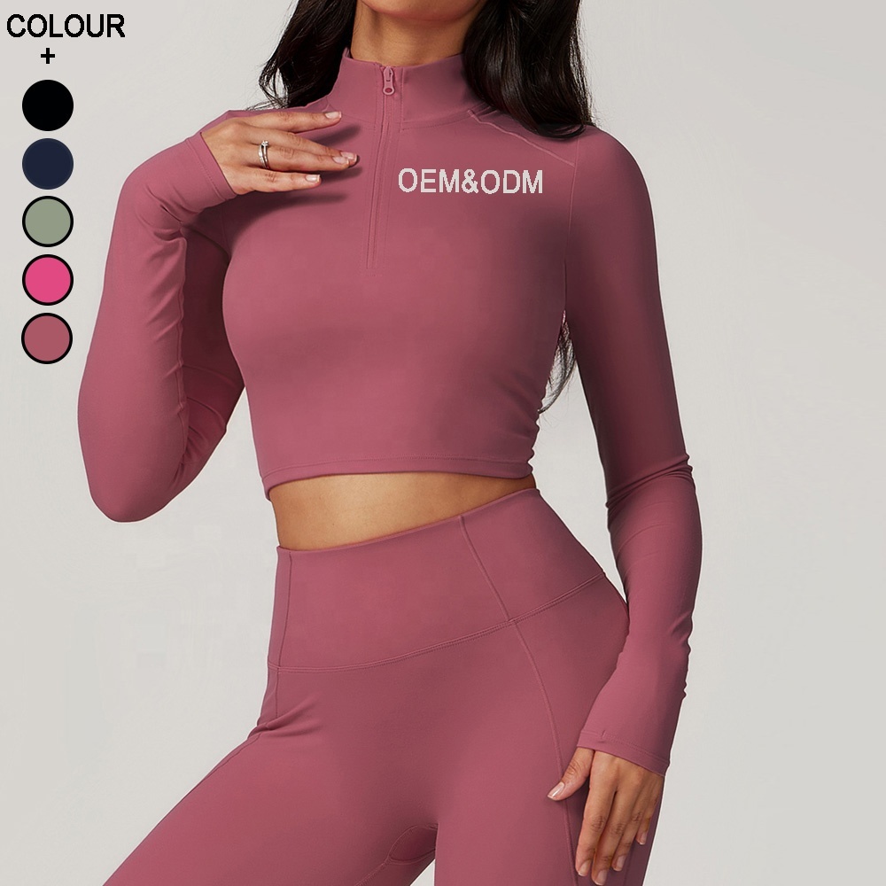 Women Fitness & Yoga Wear High Collar Gym Top Long Sleeve Gym Shirts With Zipper