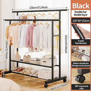Perchero Metálico Móvil de Doble Barra de 120 cm con Estantes de Almacenamiento, Perchero para Ropa y Zapatos para Dormitorio o Balcón - Product Image 6