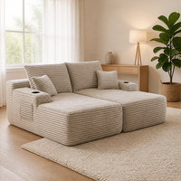 Canapé convertible double en velours côtelé avec porte-gobelets, assise profonde beige, profil bas, pour centre commercial, villa, appartement