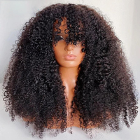 Perruque Afro Bouclée Frisée Noire Naturelle Faite à la Machine Avec Frange, Cheveux Humains Brésiliens Sans Colle Pour Femmes