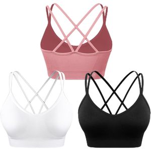 Sujetadores deportivos para mujer con tiras cruzadas en la espalda, acolchados, de soporte medio, para entrenamiento, yoga, fitness, correr, paquete de 3 - Product Image 1
