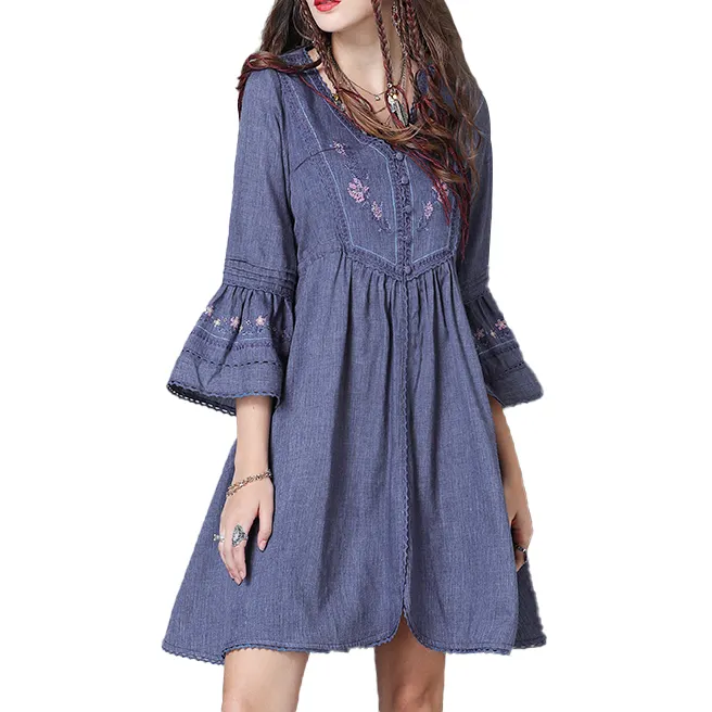 Boho 여성 의류 비대칭 자수 드레스 긴 소매 v 넥 코튼 드레스 STb-0401Y