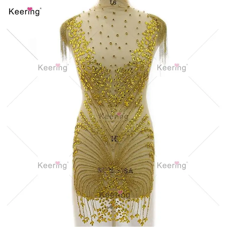 Keering ผ้าเย็บปะติดประดับคริสตัลรูปตัว V คอ,เสื้อประดับพลอยเทียมสีทองสำหรับชุดเดรสปี WDP-362