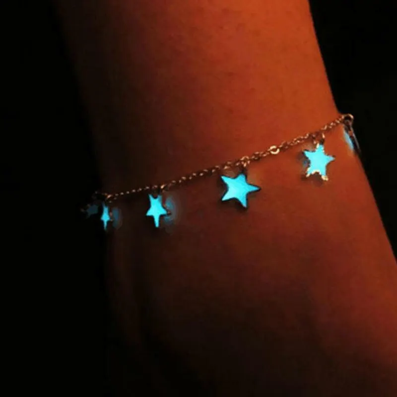 DE MODA DE COREA borlas luminoso que brillan en la oscuridad de Estrella de Plata, pulsera de cadena para las mujeres joyería de playa