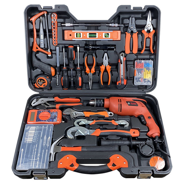 128-Piece Cordless Electric Drill Hammer Set Impact Home Hardware Tools in Iron Combination Toolbox with Trowel Hand Tools