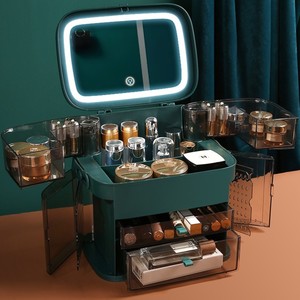 Boîte de rangement cosmétique 24L, organisateur de bureau avec miroir et compartiment à bijoux, couleur unie verte - Product Image 4