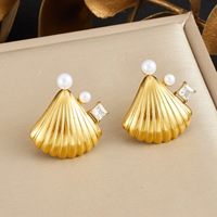 Boucles d'oreilles rétro pour femmes en acier inoxydable plaqué or, avec coquillages, soleil, étoile, fleur, cœur, perle et zircon