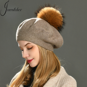 Jxwatcher السيدات سادة كلاسيكي قبعة قبعة من الصوف مع فرو حقيقي كبير بوم بوم فنان الربيع الشتاء متماسكة الفرنسية النساء الصوف قبعة مخصصة - Product Image 4